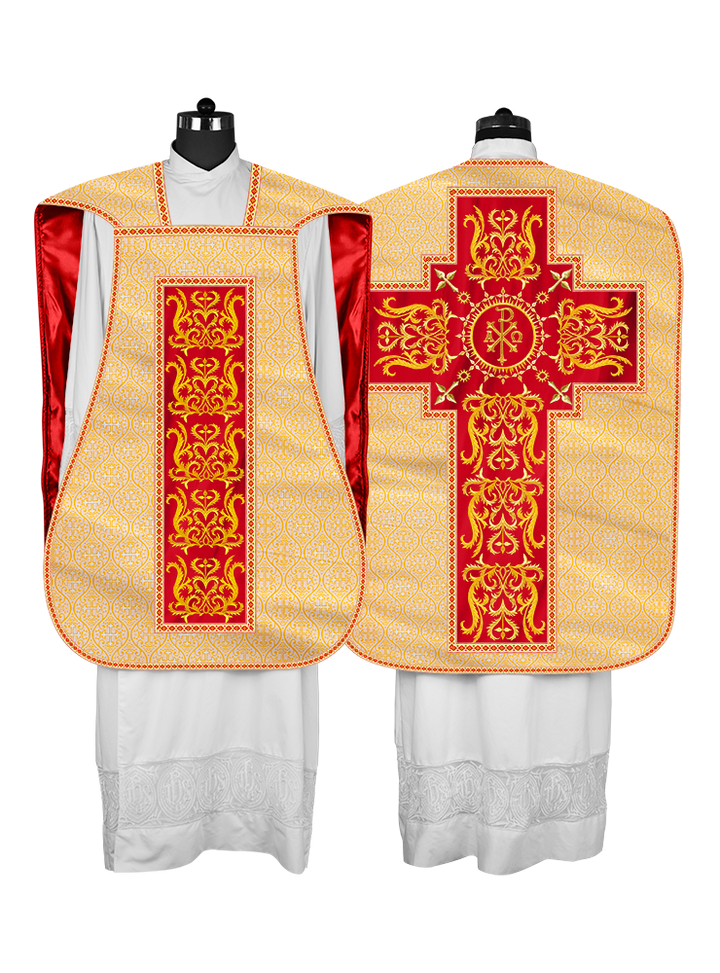 LITURGICAL ROMAN CHASUBLE VESTMENT WITH SPIRITUAL MOTIFS AND TRIMS