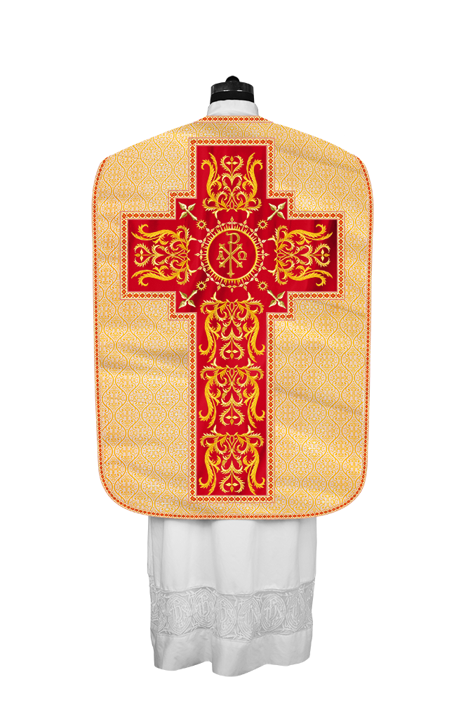 LITURGICAL ROMAN CHASUBLE VESTMENT WITH SPIRITUAL MOTIFS AND TRIMS