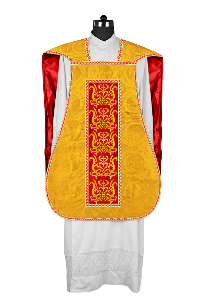 LITURGICAL ROMAN CHASUBLE VESTMENT WITH SPIRITUAL MOTIFS AND TRIMS