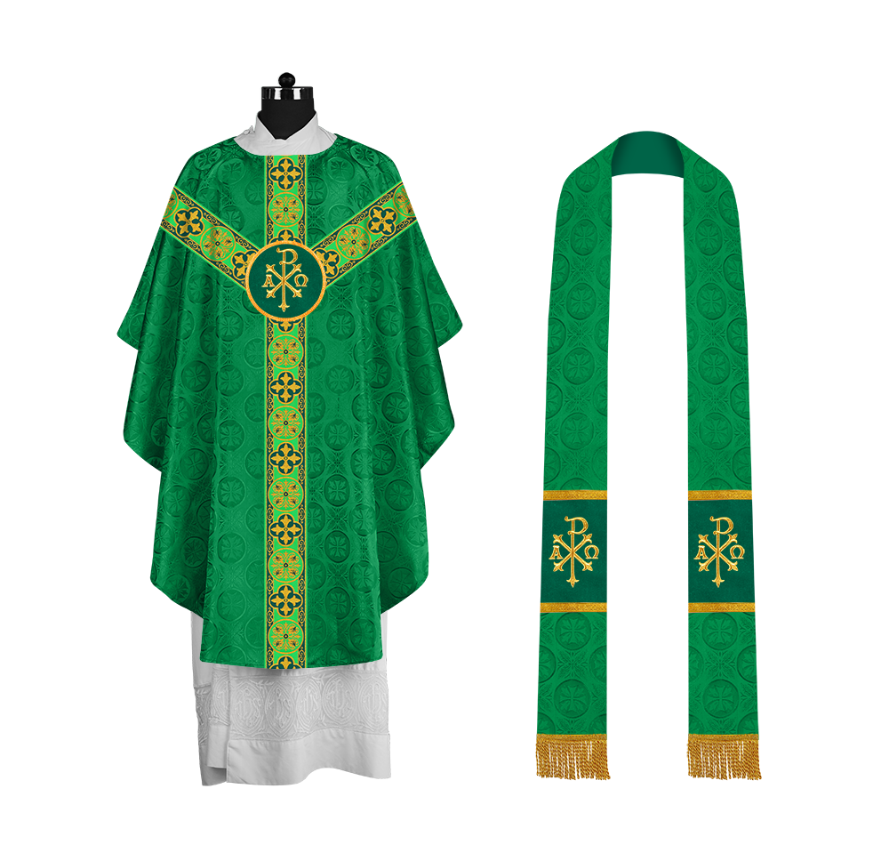 Gothic Chasuble Vestment with Spiritual Motif and Ornate Lace