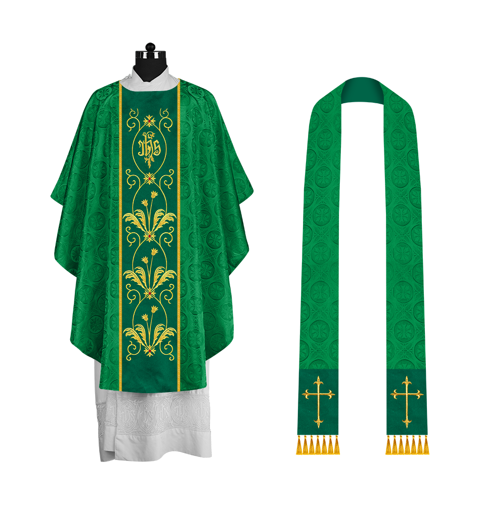 Gothic Chasuble with Elegant Embroidered Orphrey and IHS motif