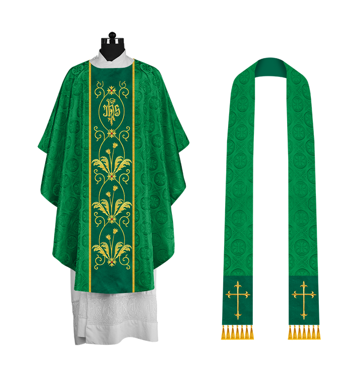 Gothic Chasuble with Elegant Embroidered Orphrey and IHS motif