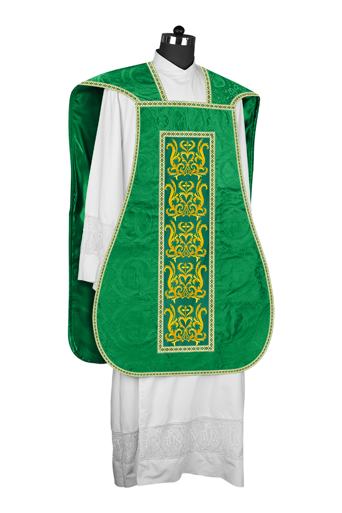 LITURGICAL ROMAN CHASUBLE VESTMENT WITH SPIRITUAL MOTIFS AND TRIMS