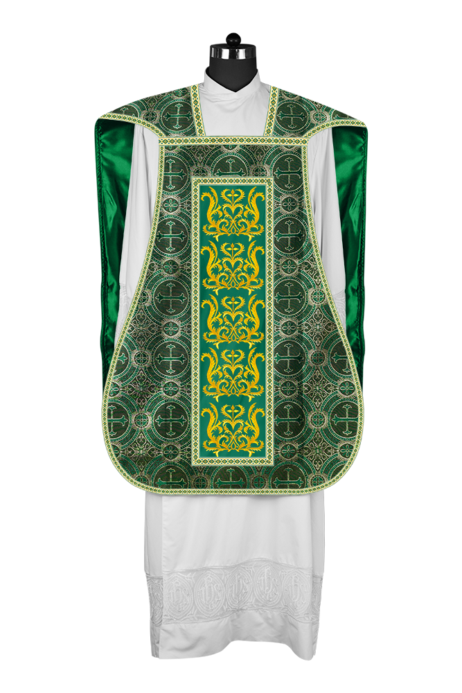 LITURGICAL ROMAN CHASUBLE VESTMENT WITH SPIRITUAL MOTIFS AND TRIMS