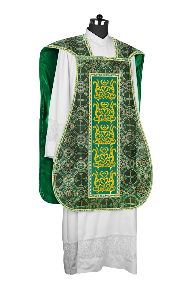 LITURGICAL ROMAN CHASUBLE VESTMENT WITH SPIRITUAL MOTIFS AND TRIMS