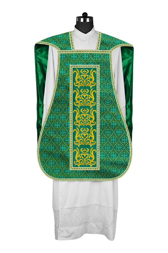 LITURGICAL ROMAN CHASUBLE VESTMENT WITH SPIRITUAL MOTIFS AND TRIMS