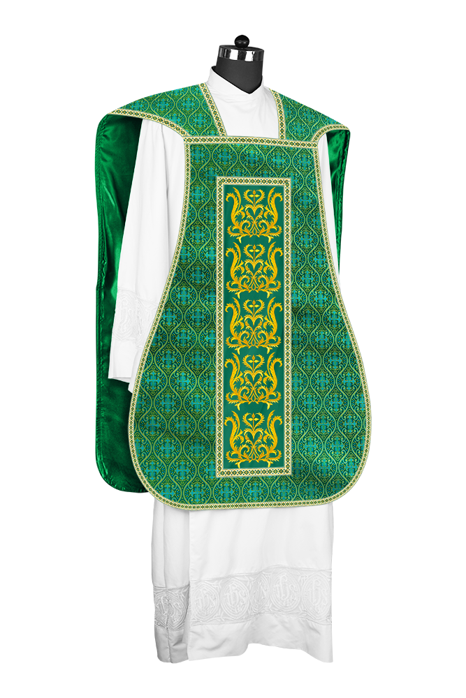 LITURGICAL ROMAN CHASUBLE VESTMENT WITH SPIRITUAL MOTIFS AND TRIMS