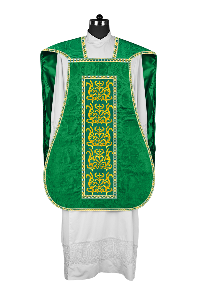 LITURGICAL ROMAN CHASUBLE VESTMENT WITH SPIRITUAL MOTIFS AND TRIMS