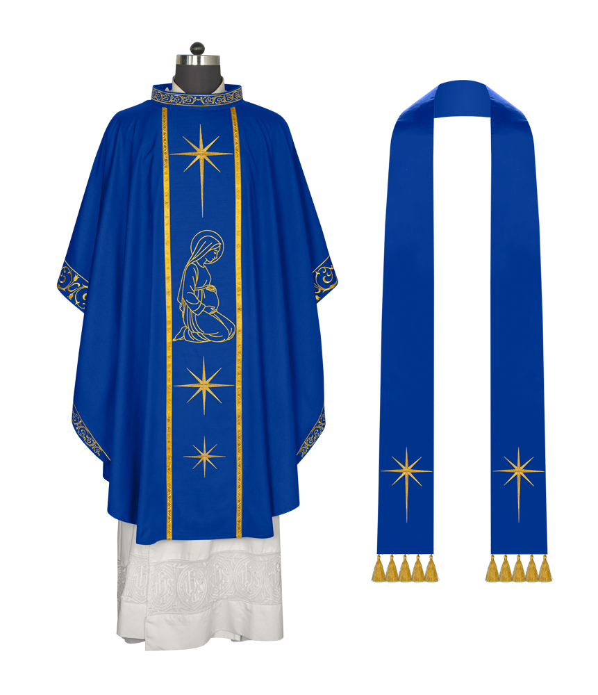 Liturgical Advent Chasuble Depicting Expectant Mary with Stars