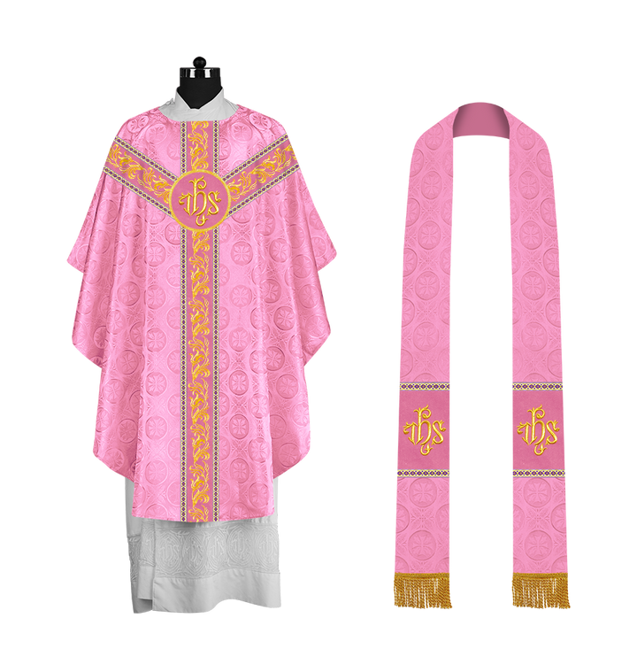 Premium Gothic Priest Chasuble with Embroidery Orphrey & Liturgical Motif