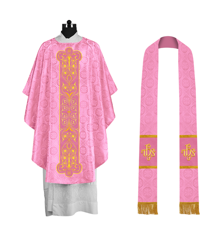 Liturgical Priest Chasuble with Vintage-Style Embroidered Orphrey
