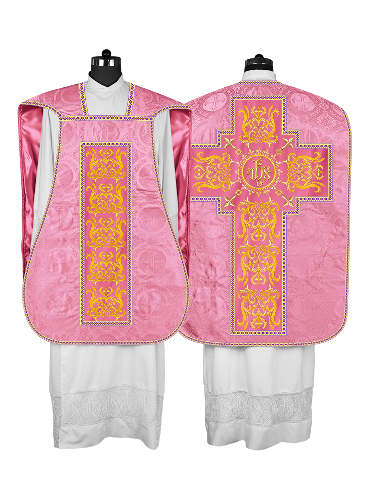 LITURGICAL ROMAN CHASUBLE VESTMENT WITH SPIRITUAL MOTIFS AND TRIMS