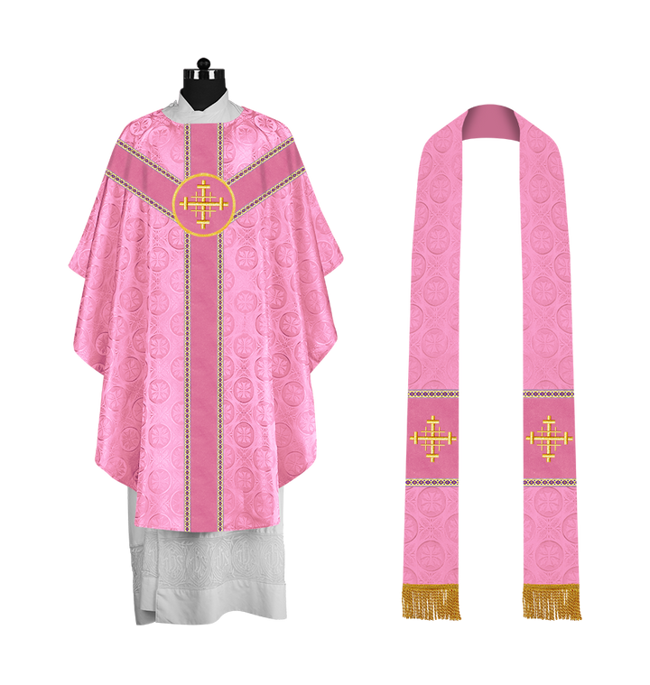 Liturgical Gothic Chasuble with Embroidered Motif and Plain Orphrey