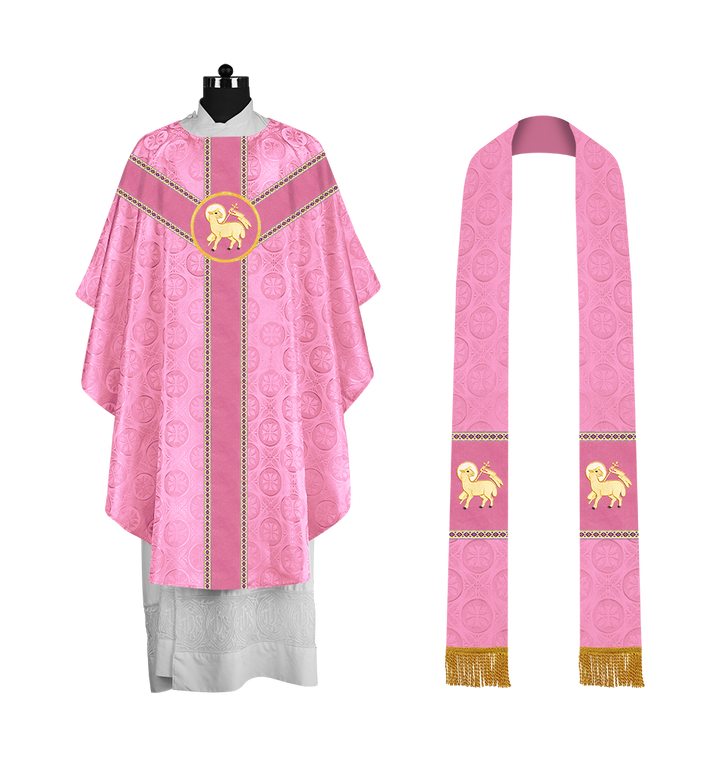 Liturgical Gothic Chasuble with Embroidered Motif and Plain Orphrey