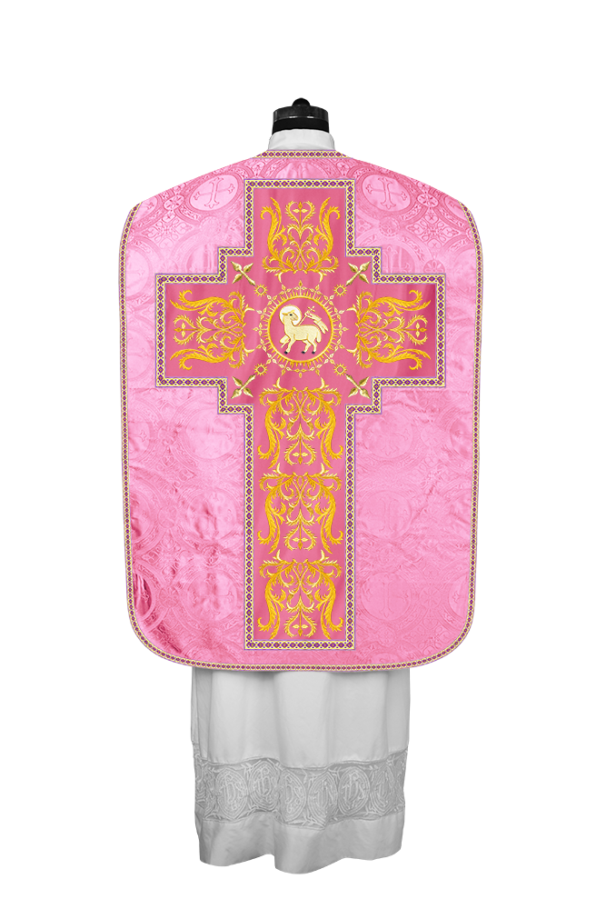 LITURGICAL ROMAN CHASUBLE VESTMENT WITH SPIRITUAL MOTIFS AND TRIMS