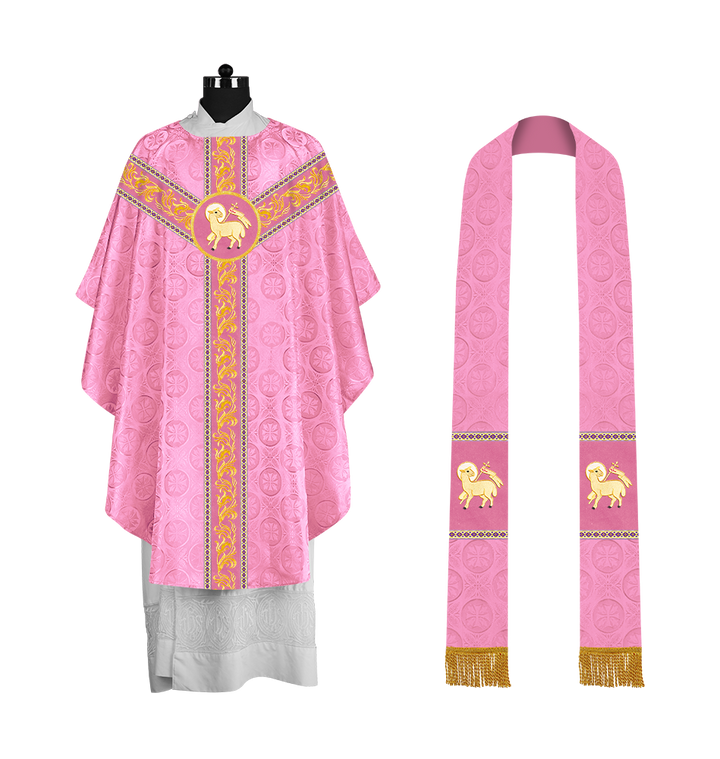 Premium Gothic Priest Chasuble with Embroidery Orphrey & Liturgical Motif