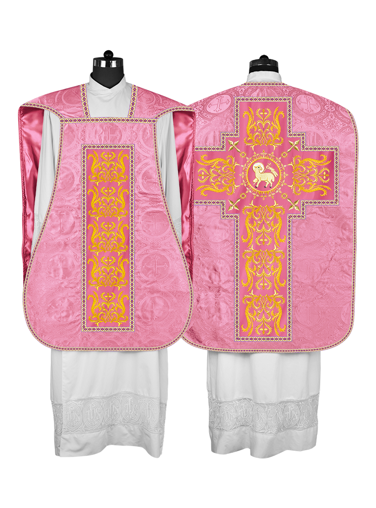 LITURGICAL ROMAN CHASUBLE VESTMENT WITH SPIRITUAL MOTIFS AND TRIMS