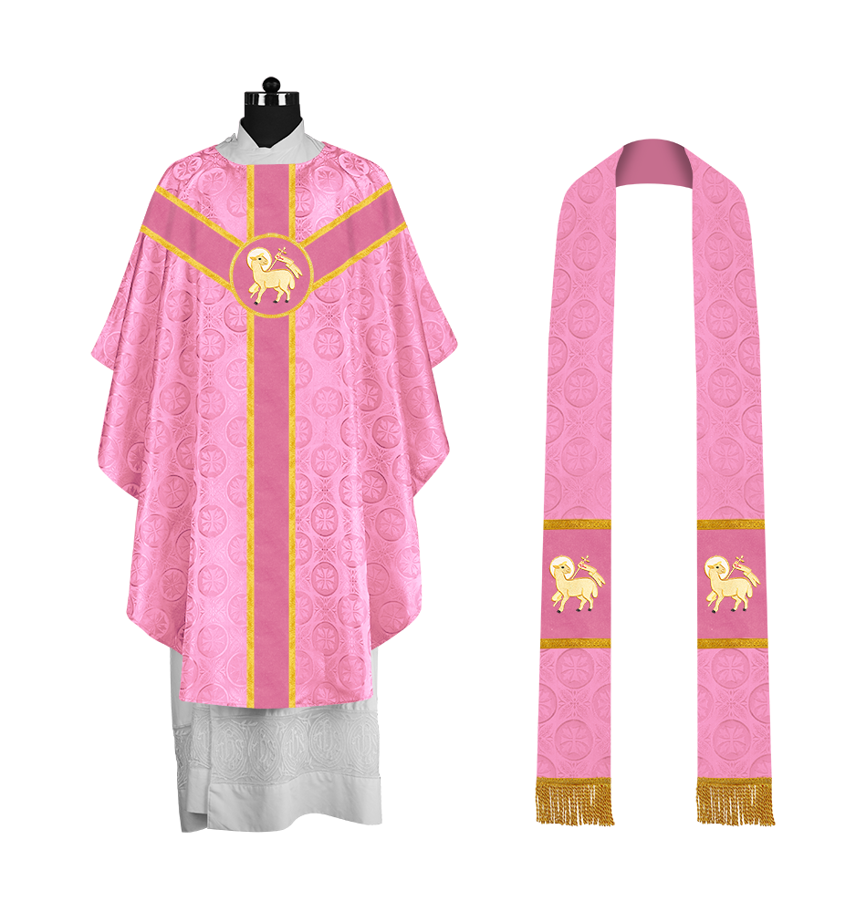 Liturgical Gothic Chasuble with Embroidered Motif and Plain Orphrey