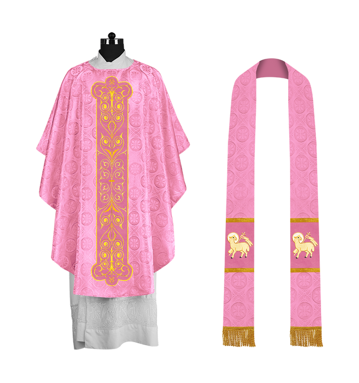 Liturgical Priest Chasuble with Vintage-Style Embroidered Orphrey