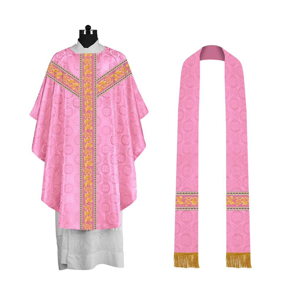 Premium Gothic Priest Chasuble with Embroidery Orphrey & Liturgical Motif