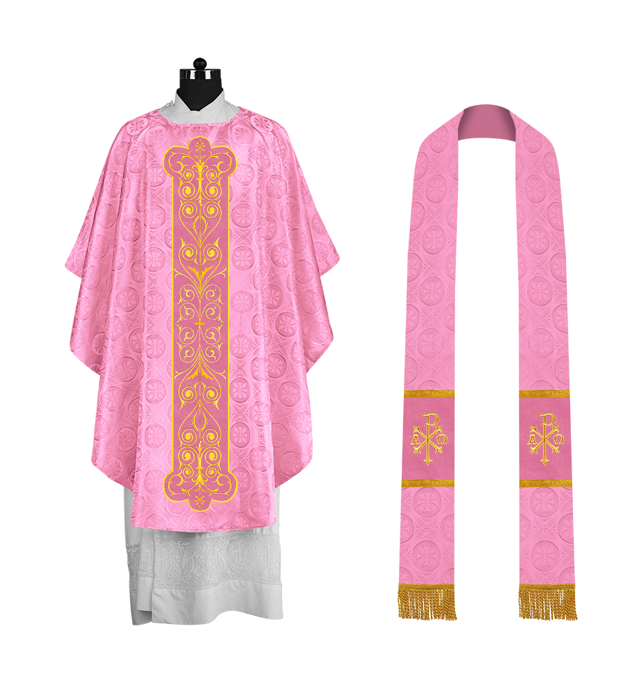 Liturgical Priest Chasuble with Vintage-Style Embroidered Orphrey