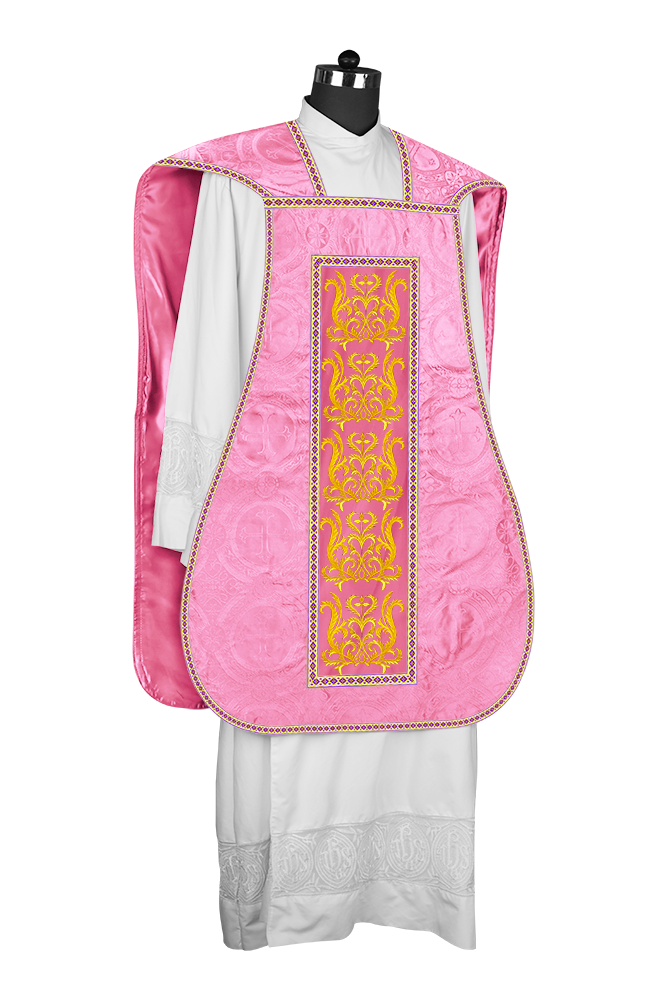 LITURGICAL ROMAN CHASUBLE VESTMENT WITH SPIRITUAL MOTIFS AND TRIMS