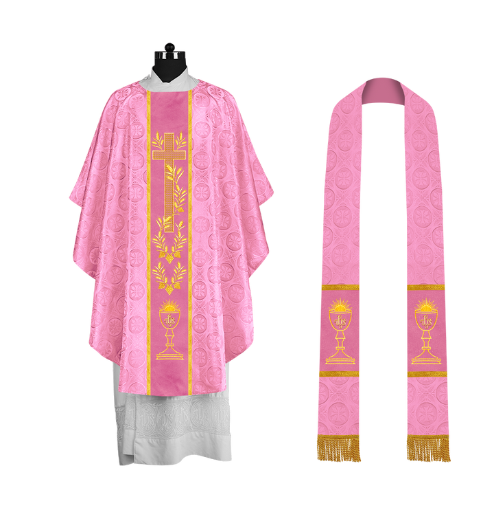Traditional Liturgical Chasuble with Ornate Embroidered Orphrey