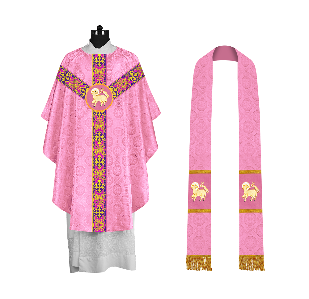 Gothic Chasuble Vestment with Spiritual Motif and Ornate Lace