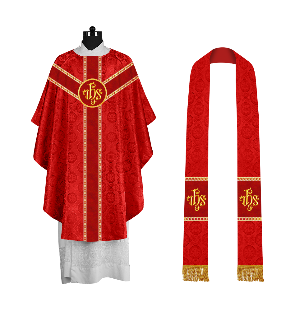 Liturgical Gothic Chasuble with Embroidered Motif and Plain Orphrey