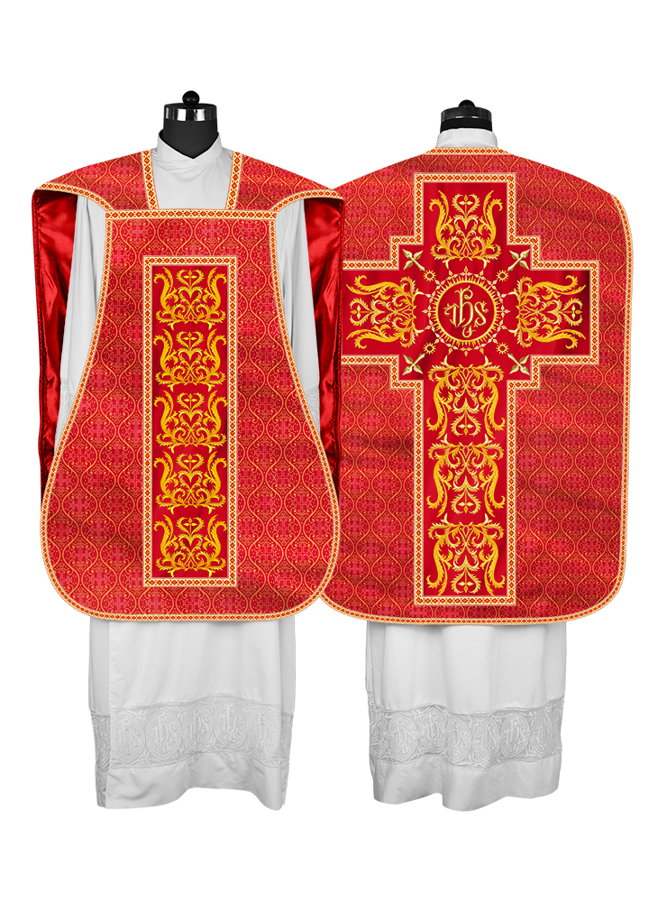 LITURGICAL ROMAN CHASUBLE VESTMENT WITH SPIRITUAL MOTIFS AND TRIMS