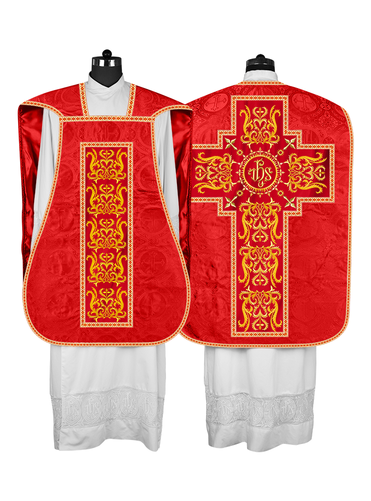 LITURGICAL ROMAN CHASUBLE VESTMENT WITH SPIRITUAL MOTIFS AND TRIMS