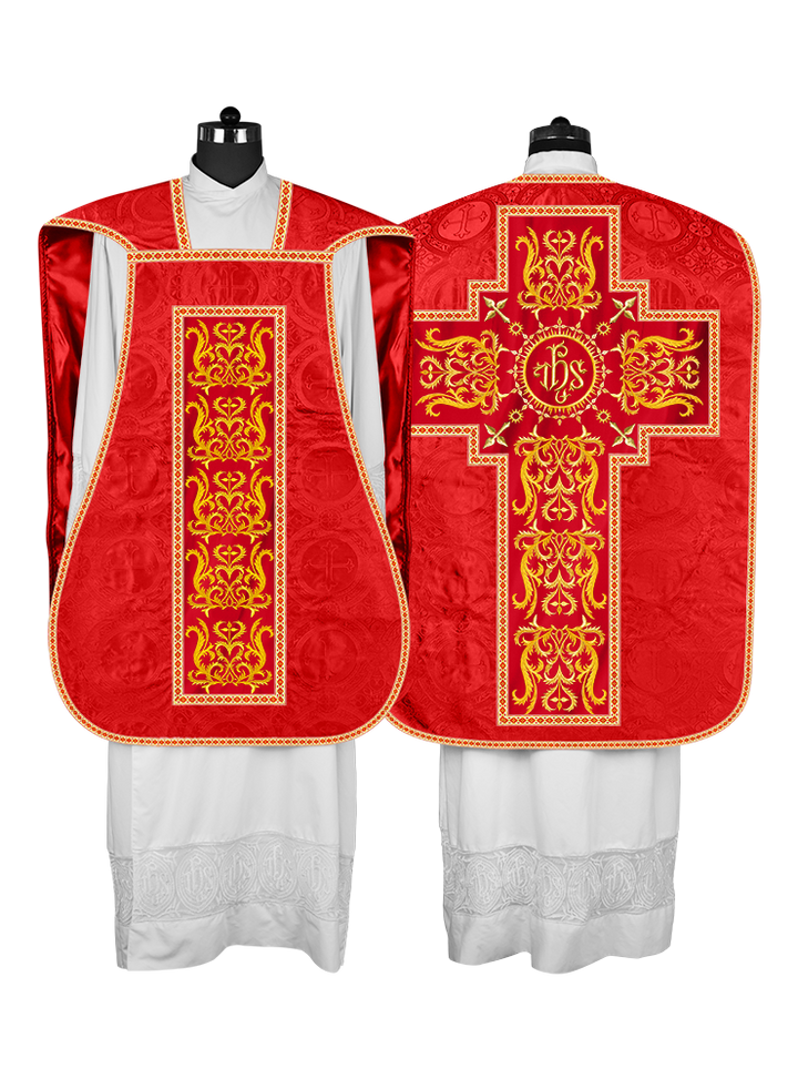 LITURGICAL ROMAN CHASUBLE VESTMENT WITH SPIRITUAL MOTIFS AND TRIMS