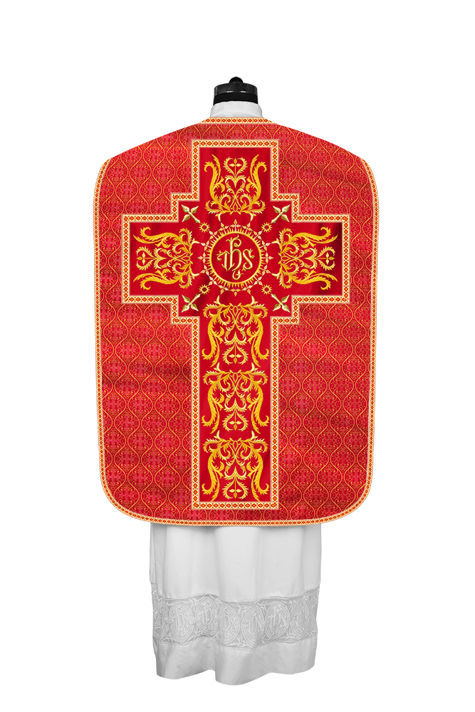 LITURGICAL ROMAN CHASUBLE VESTMENT WITH SPIRITUAL MOTIFS AND TRIMS