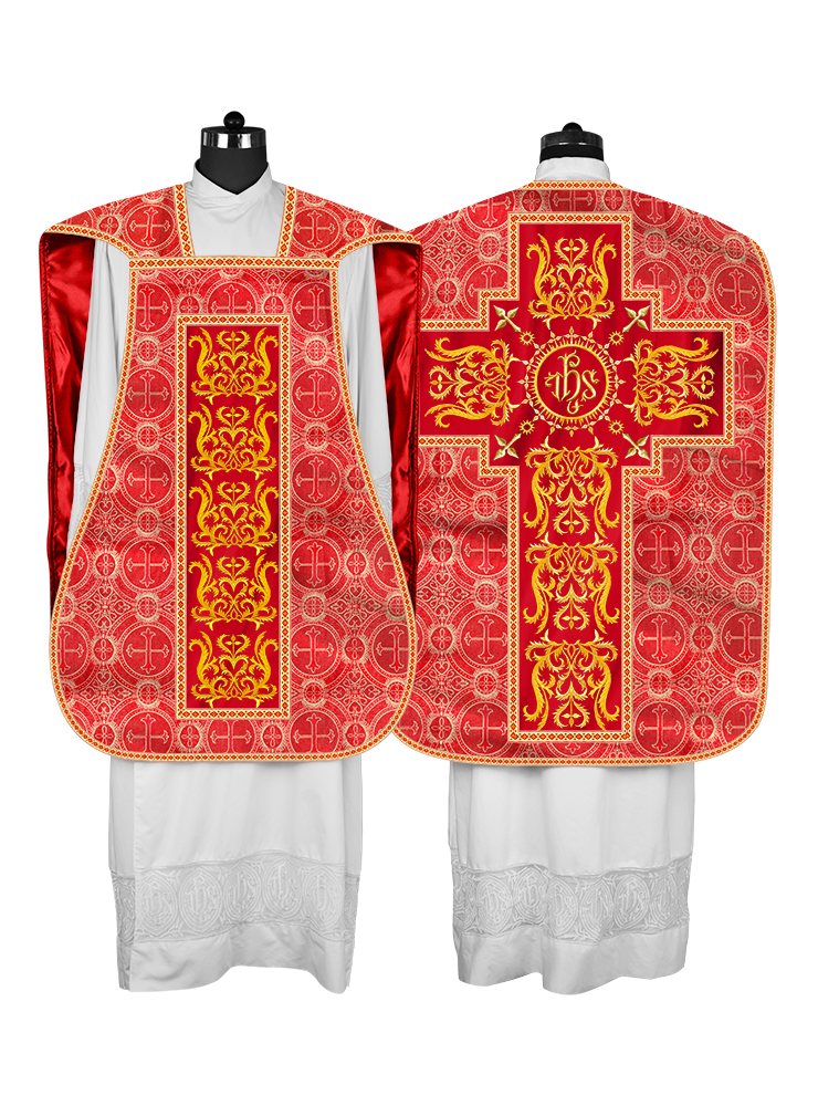 LITURGICAL ROMAN CHASUBLE VESTMENT WITH SPIRITUAL MOTIFS AND TRIMS