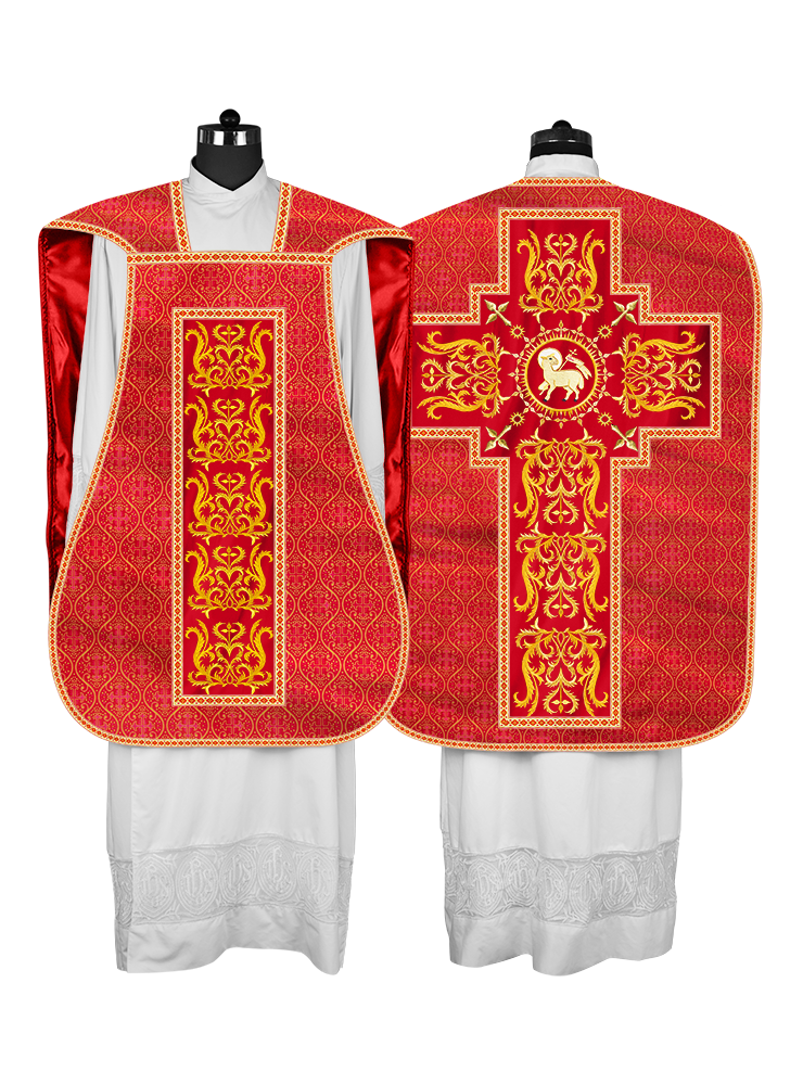 LITURGICAL ROMAN CHASUBLE VESTMENT WITH SPIRITUAL MOTIFS AND TRIMS