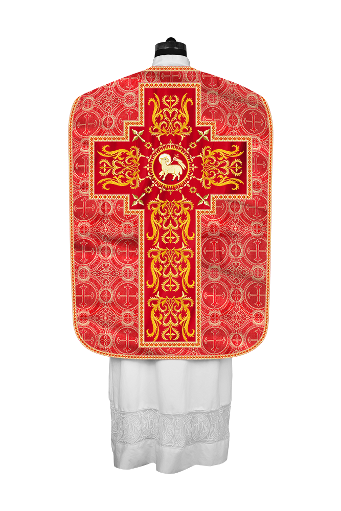 LITURGICAL ROMAN CHASUBLE VESTMENT WITH SPIRITUAL MOTIFS AND TRIMS
