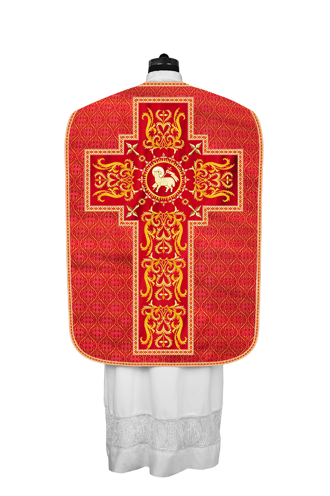 LITURGICAL ROMAN CHASUBLE VESTMENT WITH SPIRITUAL MOTIFS AND TRIMS