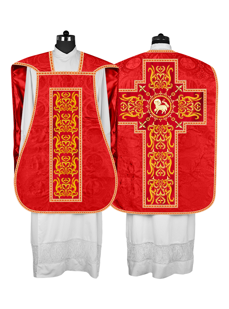 LITURGICAL ROMAN CHASUBLE VESTMENT WITH SPIRITUAL MOTIFS AND TRIMS