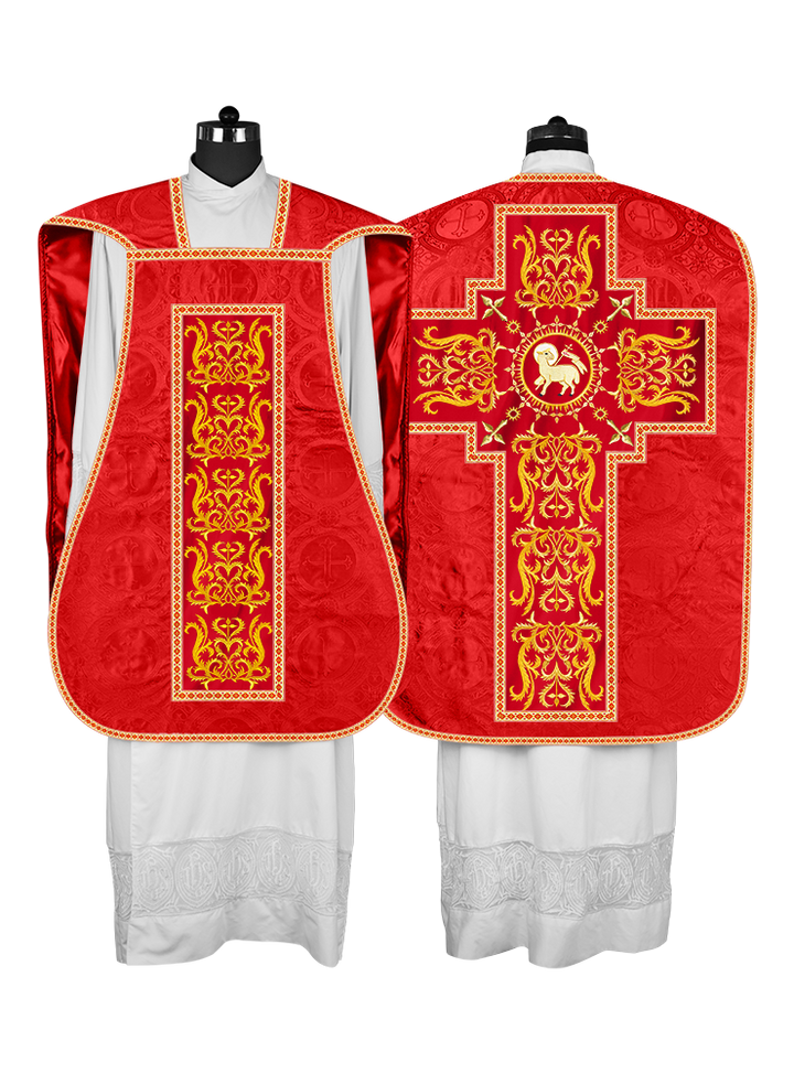 LITURGICAL ROMAN CHASUBLE VESTMENT WITH SPIRITUAL MOTIFS AND TRIMS