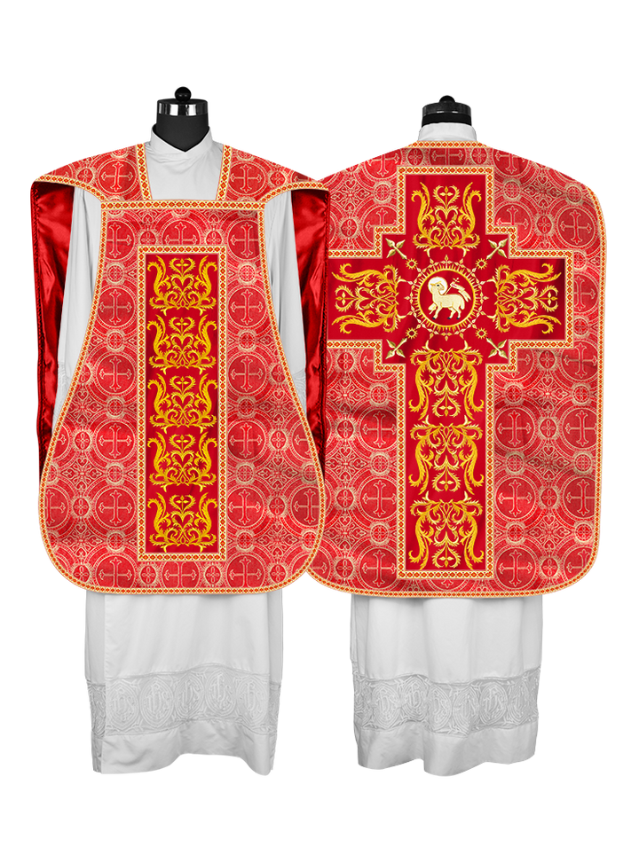 LITURGICAL ROMAN CHASUBLE VESTMENT WITH SPIRITUAL MOTIFS AND TRIMS