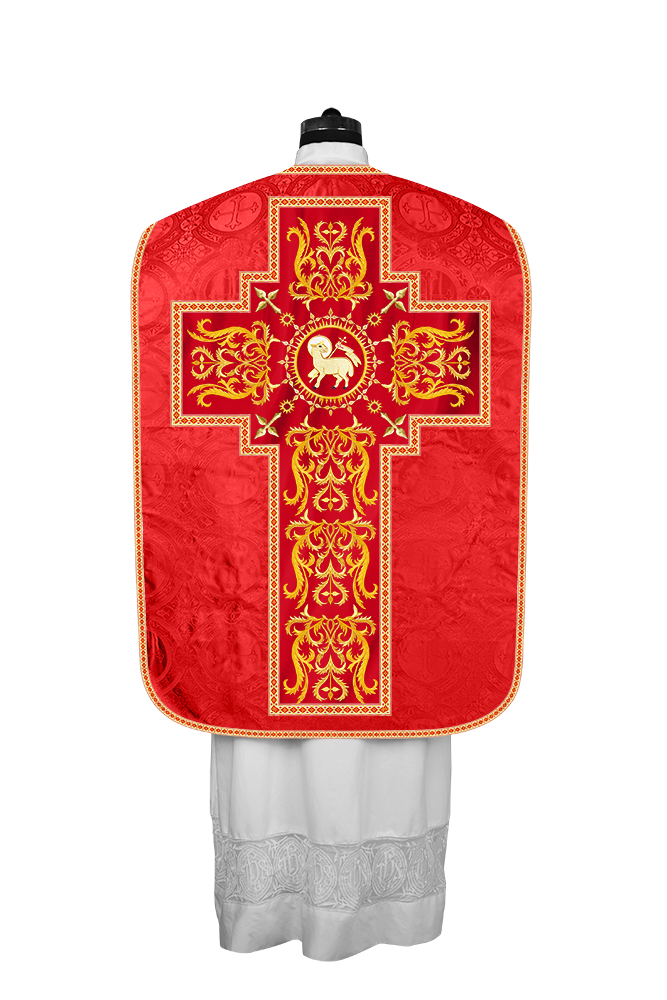 LITURGICAL ROMAN CHASUBLE VESTMENT WITH SPIRITUAL MOTIFS AND TRIMS