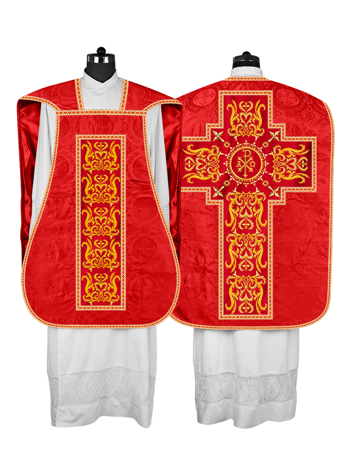 LITURGICAL ROMAN CHASUBLE VESTMENT WITH SPIRITUAL MOTIFS AND TRIMS
