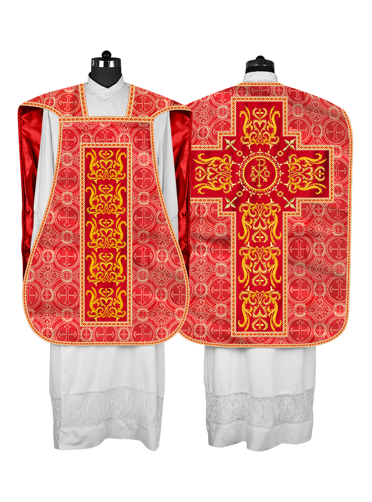 LITURGICAL ROMAN CHASUBLE VESTMENT WITH SPIRITUAL MOTIFS AND TRIMS