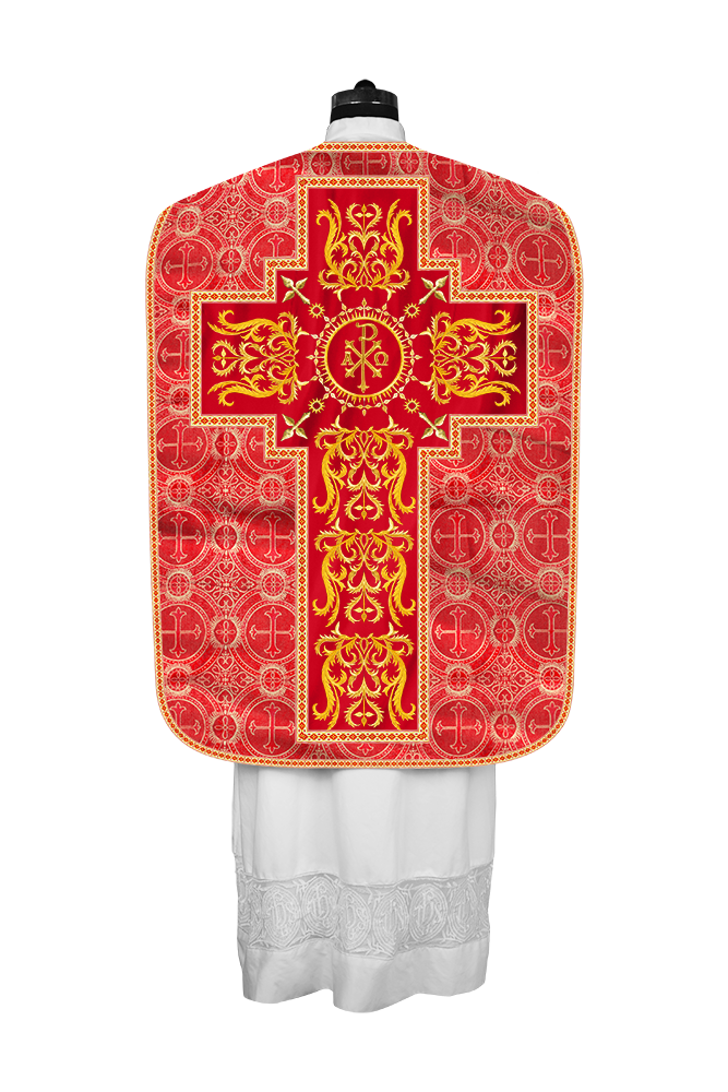 LITURGICAL ROMAN CHASUBLE VESTMENT WITH SPIRITUAL MOTIFS AND TRIMS