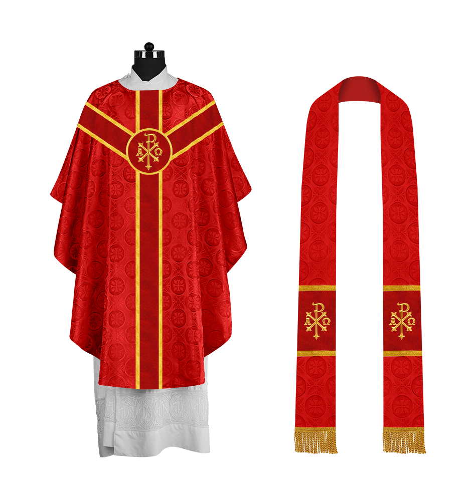 Liturgical Gothic Chasuble with Embroidered Motif and Plain Orphrey