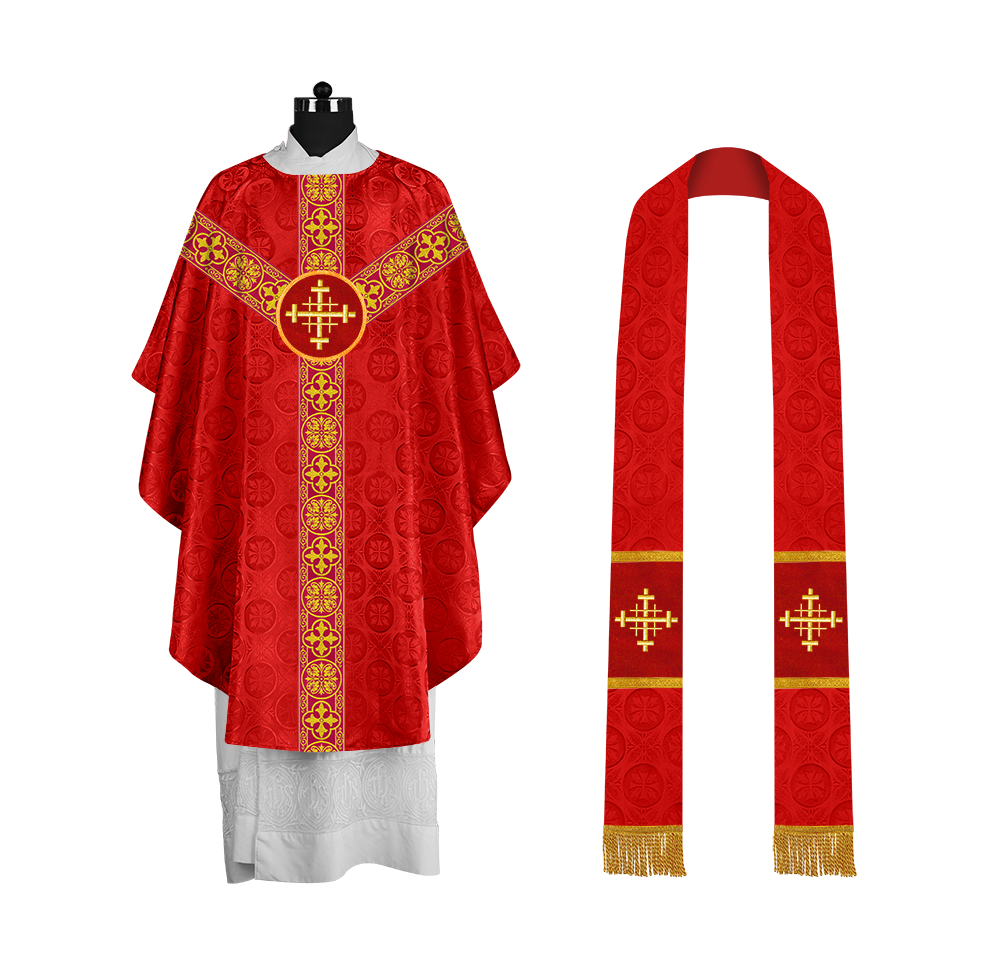 Traditional Gothic Chasuble with Embroidered Motif and Lace Orphrey