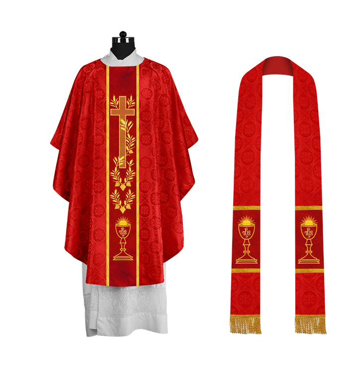 Traditional Liturgical Chasuble with Ornate Embroidered Orphrey