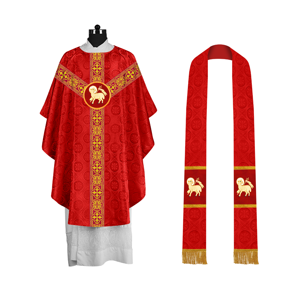 Traditional Gothic Chasuble with Embroidered Motif and Lace Orphrey