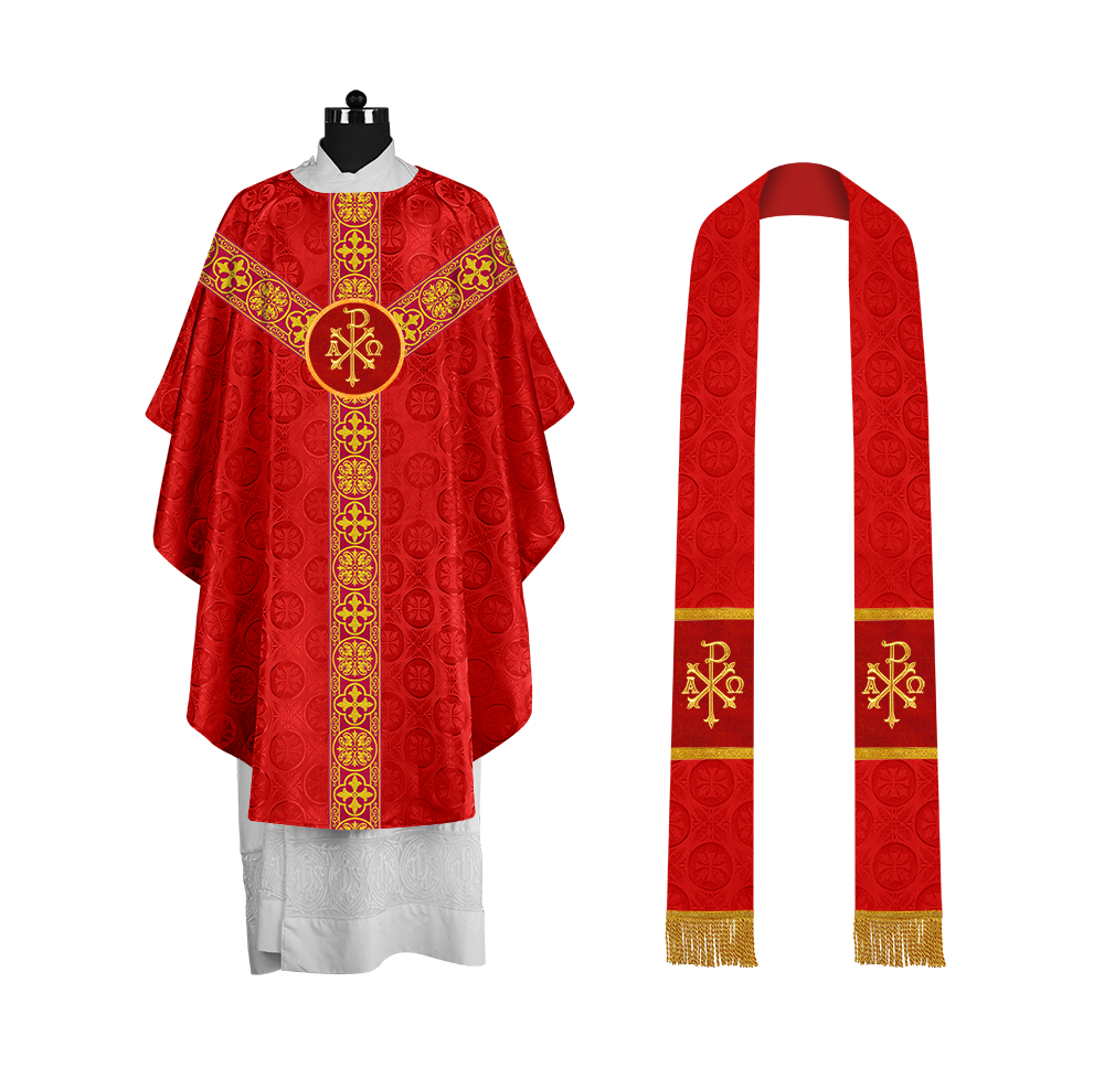 Traditional Gothic Chasuble with Embroidered Motif and Lace Orphrey
