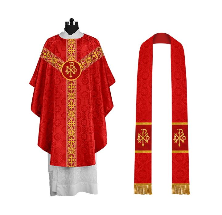 Traditional Gothic Chasuble with Embroidered Motif and Lace Orphrey